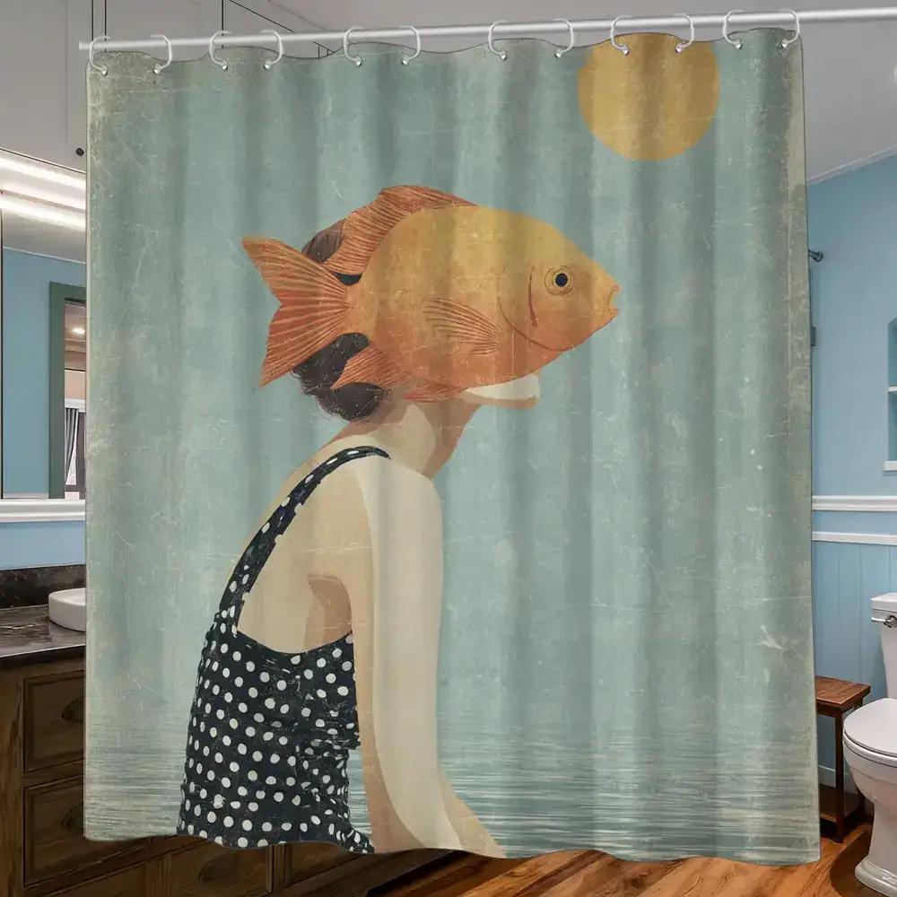 

Surrealist Fish-Head Shower Curtain – Vintage Textured Portrait, Polka Dot Swimsuit, 12 Hooks, Waterproof Artistic Bath Decor W60H190(CM)-1 Pcs