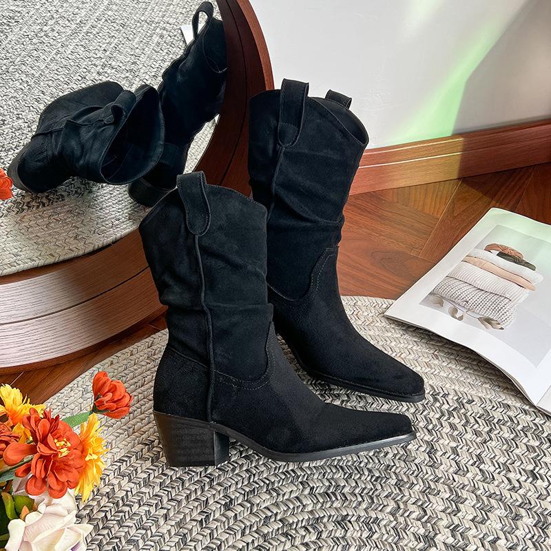 Large size -4 cowboy boots women's autumn new pointed thick heel pleated stack short Martin boots knight boots