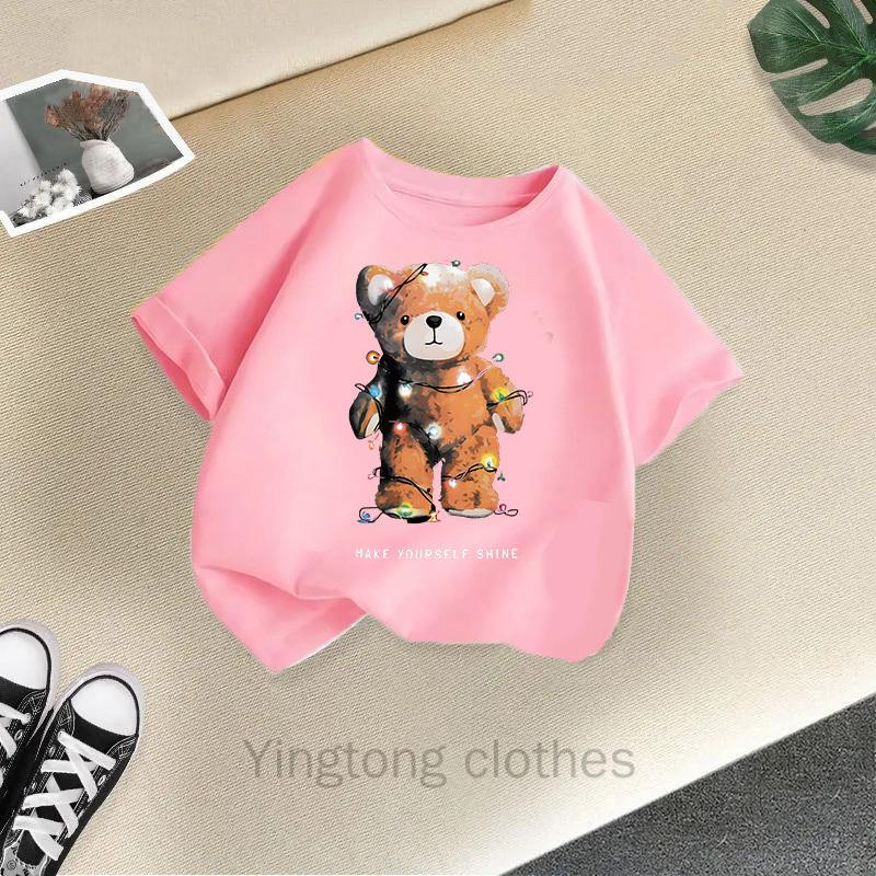 Summer Clothes for Boys and Girls, Short Sleeved T-shirts, Summer New Styles, Teddy Bear Printed Girls' Tops, Children's Clothing Trend