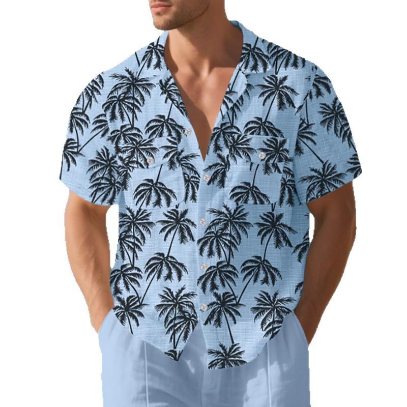 Men's Beach Short-Sleeved Shirt Coconut Tree Print Loose-Fit Holiday Shirt Men's