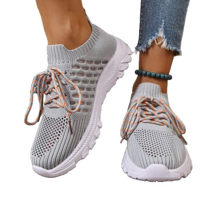 Large Size Sneakers Autumn Lace-Up Breathable Fly-Woven Comfortable Casual Platform Running Shoes Women