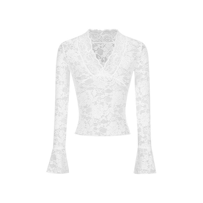 

Белый Чистое Желание Сексуальный Сексуальный V-образный вырез Слегка Прозрачный Длинные Рукава Кружево Внутренний Подходящий Рубашка Женская Осень Приталенный Базовый Топ White XL
