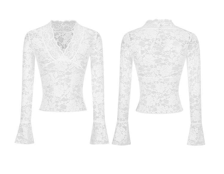 Krajkový top s výstřihem do V: Zeštíhlující design, stahující pas