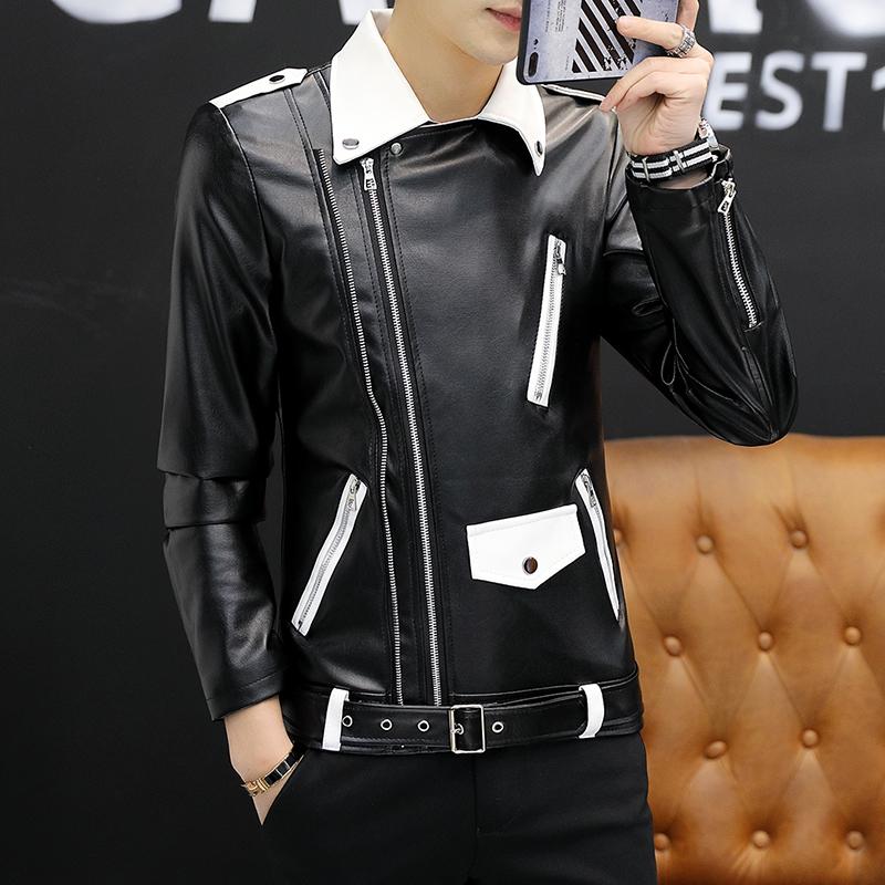

Новый дизайн, мотоциклетная куртка-бомбер, кожаная куртка с поясом, мужская осенняя облегающая мужская кожаная куртка с отложным воротником, пальто XL