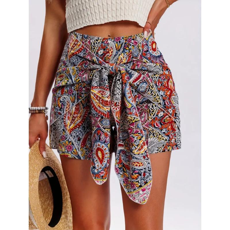 Printed High-waisted Short Pants with Bohemian Style Front Tie Shorts
