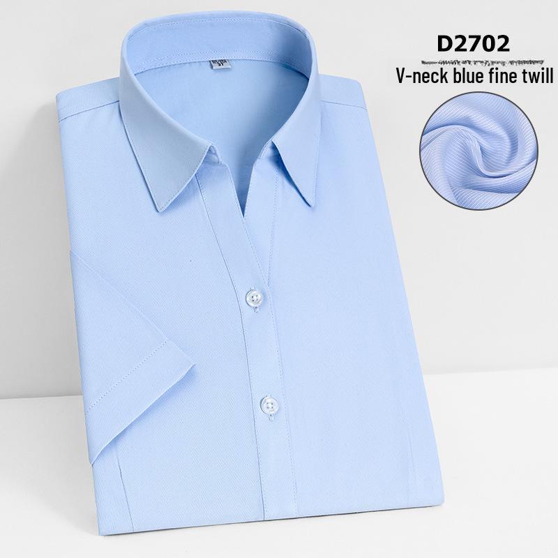 Camisa Social Feminina Slim Fit de Manga Curta - Branca com Listras Azuis, Sem Ferro, Gola V.