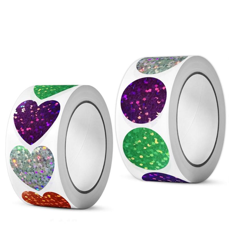 500Pcsroll Glitter Heart-Shaped Stickers For School Teacher Reward Sticker Party Gift Decor Business Labels Stationery Stickers