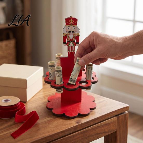 Wooden Money Gift Display Christmas Holder Ornaments with 10 Holes, Snowman Santa Claus Tree Cute Holiday Character Decor Cash Holder, Rack