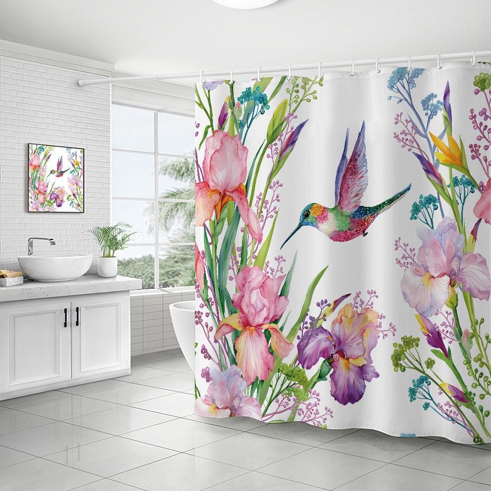 Bathroom Waterproof Curtain Digital Printing Tree Branches Bird Shower Curtain Free Punching Toilet Partition Curtain Shower Cloth