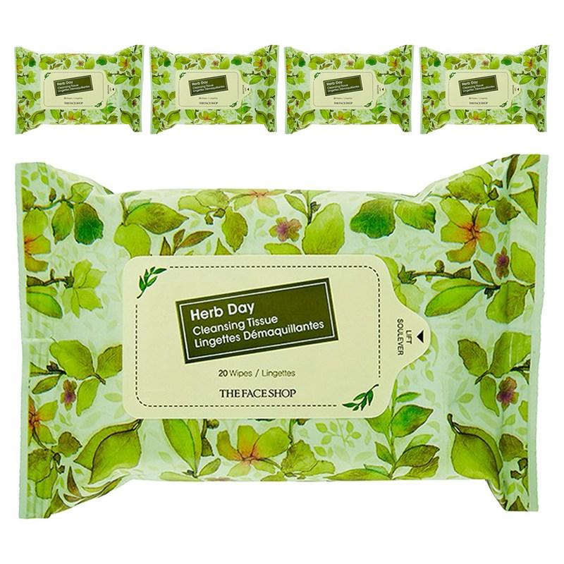 The Face Shop Herb Day Cleansing Tissues, 20 Sheets, 5 Pcs