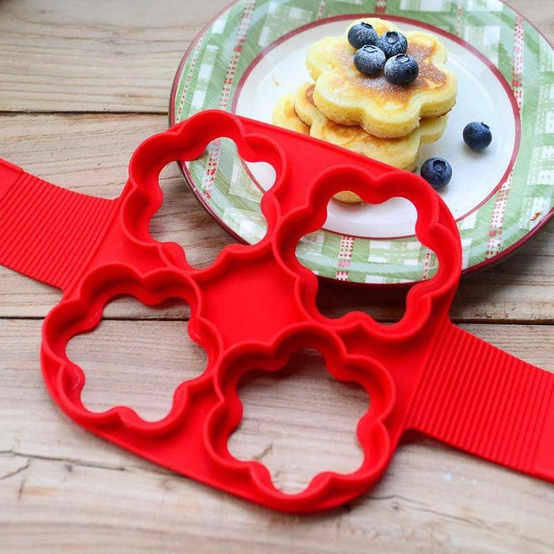 4-Cavity Silicone Pancake Mold Set - Heart/Flower/Square Shapes Egg Ring Non-Stick Baking Tool Cooking Accessories