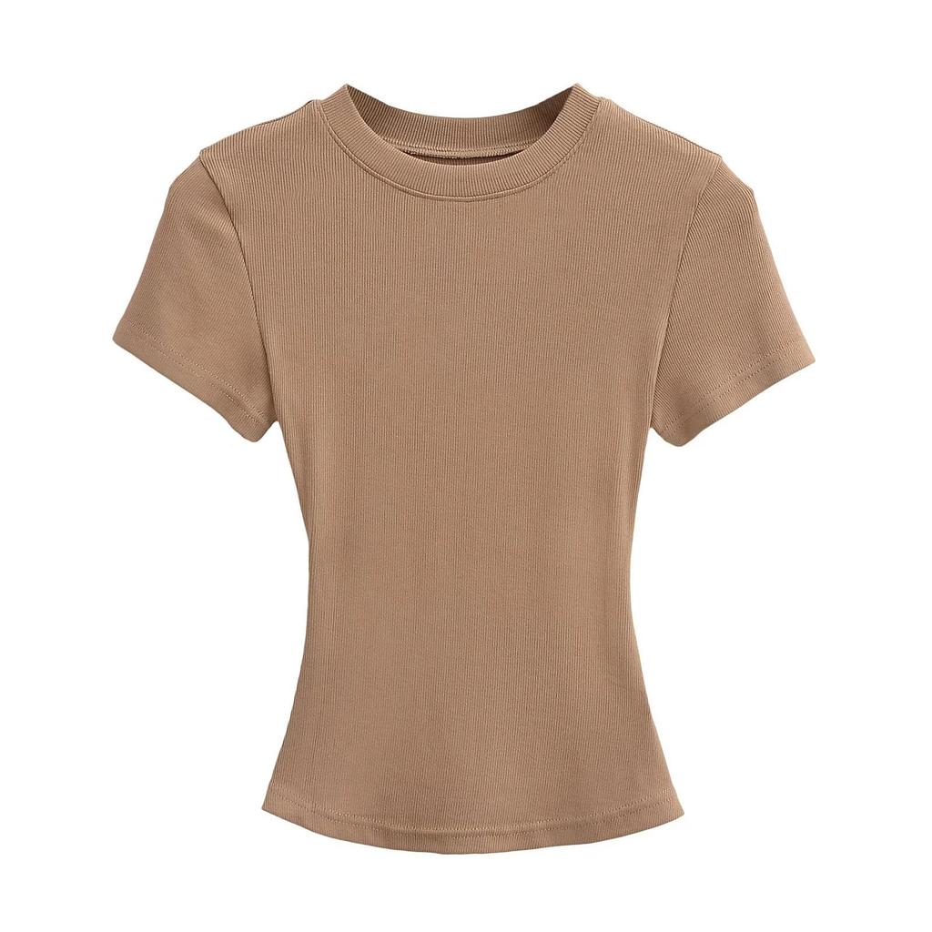 Women's Summer Stretch Slim Fit Ribbed Crop Top - Round Neck, Short Sleeve, Solid Color