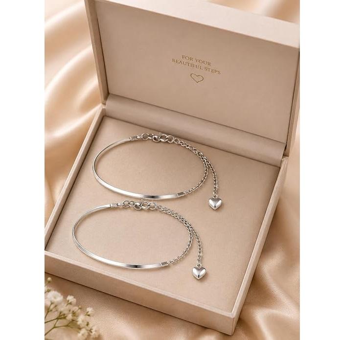 Heart Charm Anklet for Women, Silver Color, Adjustable Chain, Anti Tarnish