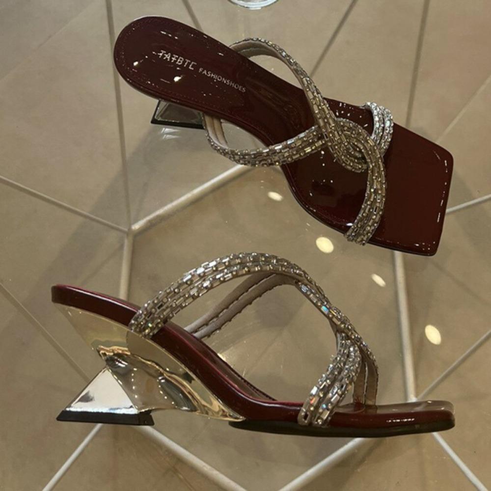 Fashion 2025 Summer New Open Toed Slippers for Women's Outerwear Square Head Water Diamond Cross Straight Strap Cool Dragging High Heels