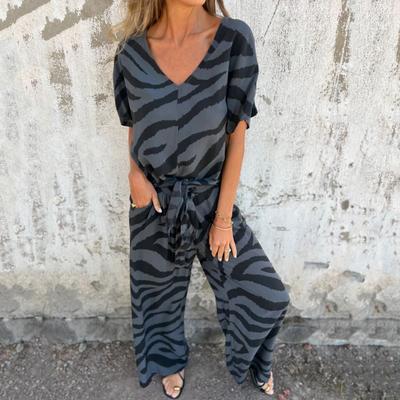 2 Pcs/Set Women Top Pants Suit Stripe Printing Contrast Color V Neck Short Sleeve Blouse Wide Leg Elastic Waist Trousers Commuting Outfit Casual