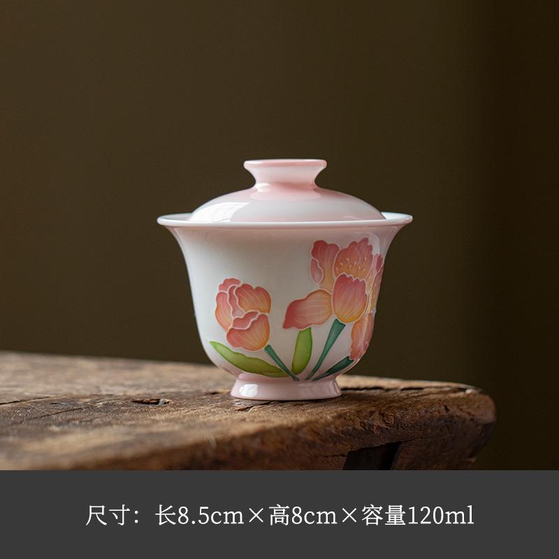 

120ml Hand-painted Tulip Gradient Ramp Gaiwan Luxury Tea Tureen Tea Bowl With Lid Kit Tea Making Cover Bowl Tea Services Craft