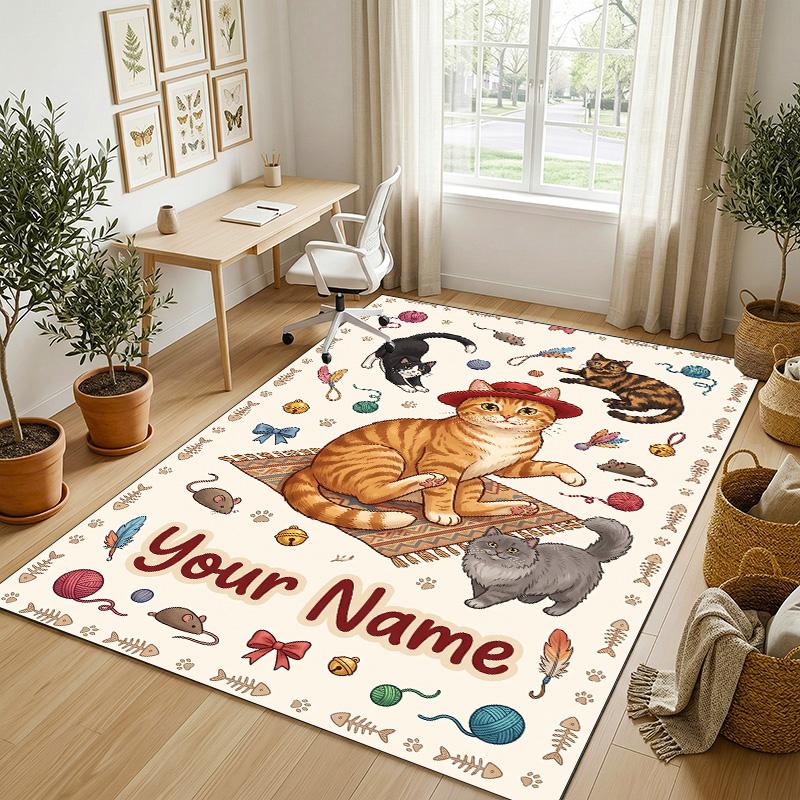 Cat Theme Crystal Velvet Rug Personalized Custom Name Text Soft Floor Mat Home Decor