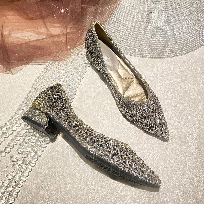 Coarse Heel Single Shoes Women's Summer 2025 New Shallow Mouth Rhinestone Temperament Versatile Soft Surface Comfortable Pointed Women's Shoes