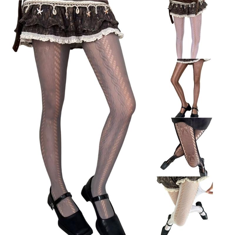 Bowknot Twist Stripe Jacquard Sheer Pantyhose With Breathable Lace Design Solid Color Hollowout Fishnet Tights for Women