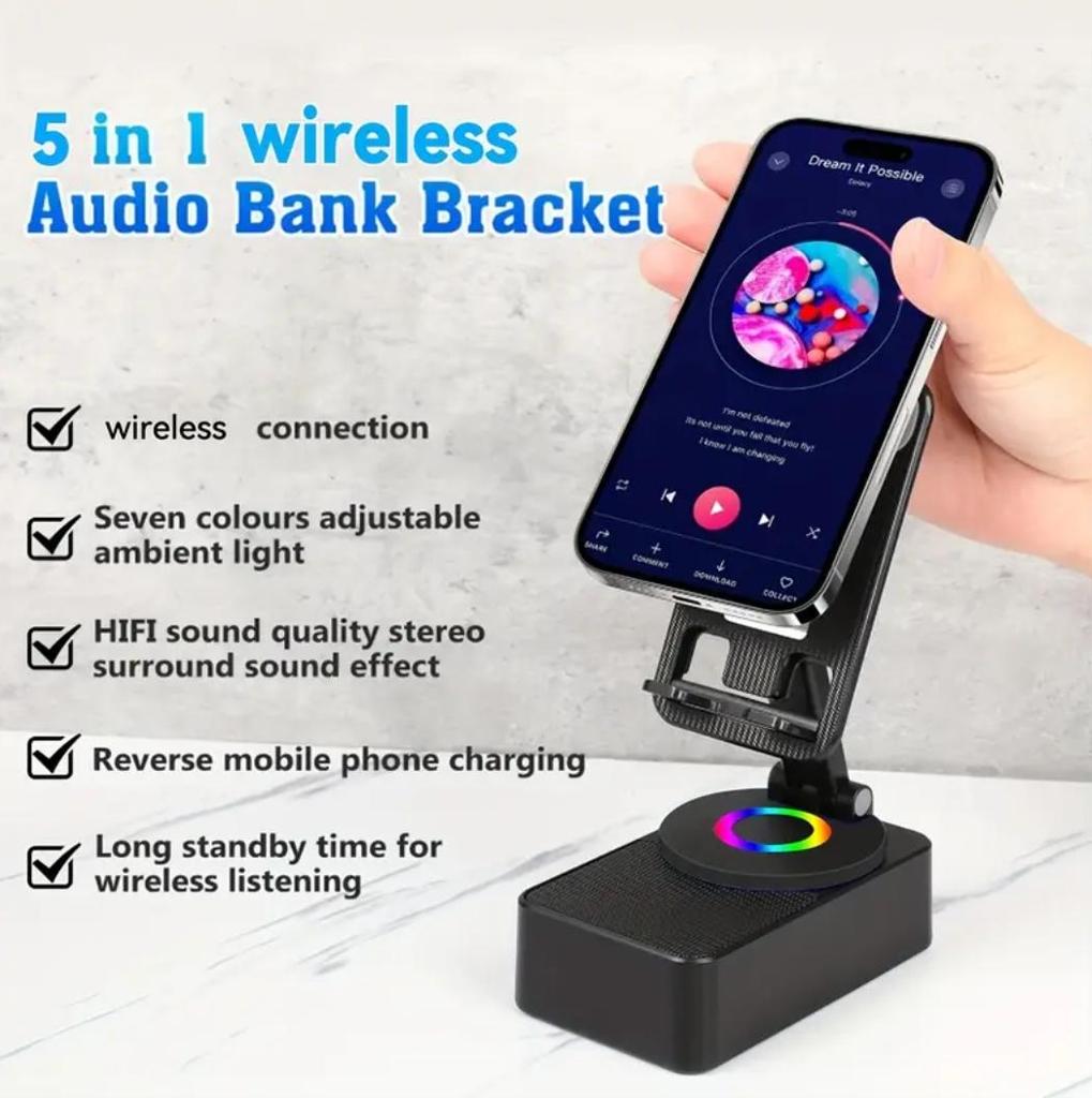 5-in-1 Kabelloser Lautsprecher Telefonhalter Notfall Wiederaufladbar (2000mAh) mit farbigem Umgebungslicht 360° faltbar für Tablet iPhone Android