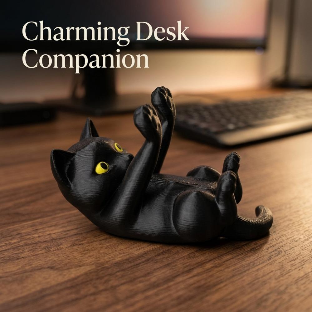 Cute Kitten‑Shaped Desktop Phone Holder 1Pc, 3D Printed Reclining Black Cat Design, Aesthetic Animal Smartphone Stand
