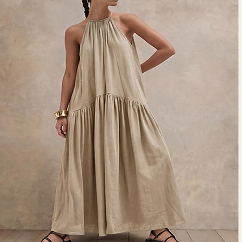 European and American summer new elegant vacation neck sleeveless cotton and linen dress