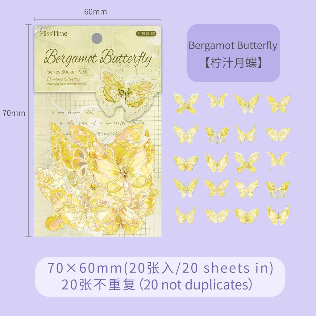 1pack/20pcs Vintage Ice Crystal Butterfly Sticker Pack for Hand account and Scrapbook Decoration