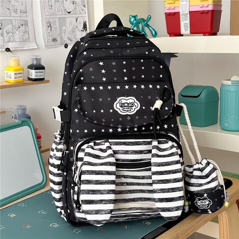 Cute Bunny Ear School Backpack with Clear Front Pocket Top Handle Casual Daypack for Girls Daily Use