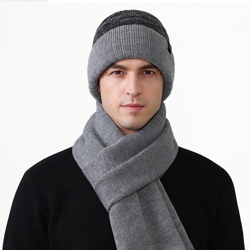 Winter Windproof Warm Knitted Hat Two-Piece Set Velvet Thick Pullover Cap Two-Color Striped Hat Scarf Set