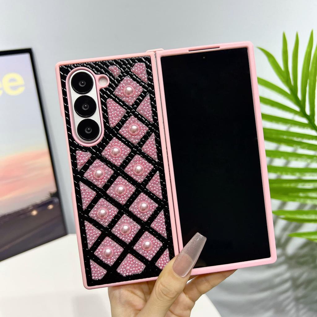 Shockproof Glitter Case For Samsung Galaxy Z Fold3 Fold4 Fold5 Fold6 Pearl Droplets & Diamond Grid & Military-Grade Drop Protection