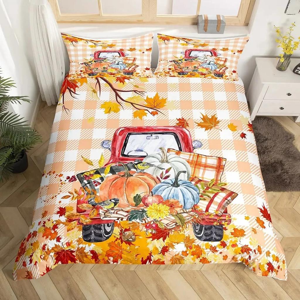Thanksgiving Pumpkin Duvet Cover Set Maple Leaves Bedding Sets Truck Sunflower Comforter Cover Autumn Harvest Farmhouse Decor