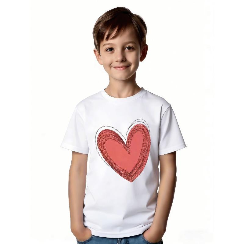 European sizes Fashionable Girls' T-Shirt with Large Heart Pattern | Eye-catching Pink Heart with silvery Outline, Ideal for Summer Casual Wear