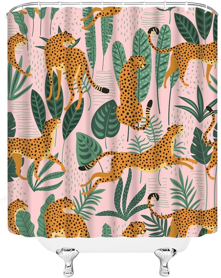 Leopard Palm Shower Curtain - Cheetah Tropical Jungle, Pink Yellow Green, Boho Modern Art, Polyester, Includes Hooks, Bath Decor