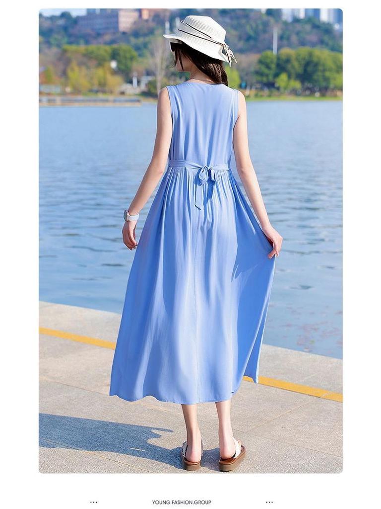 New Women's Summer Sleeveless French Silk-Cotton Beach Dress