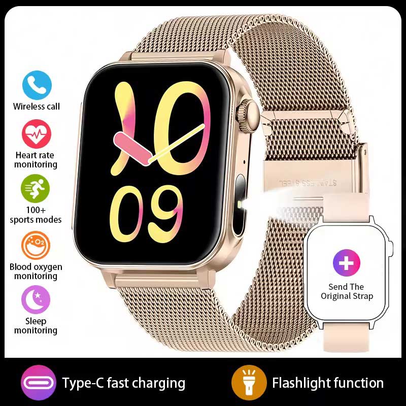 LUCKY START Type-C Fast Charging Smart Watch Men Women Health Manager Bluetooth Call LED Flashlight Waterproof Sport Fitness Smartwatch