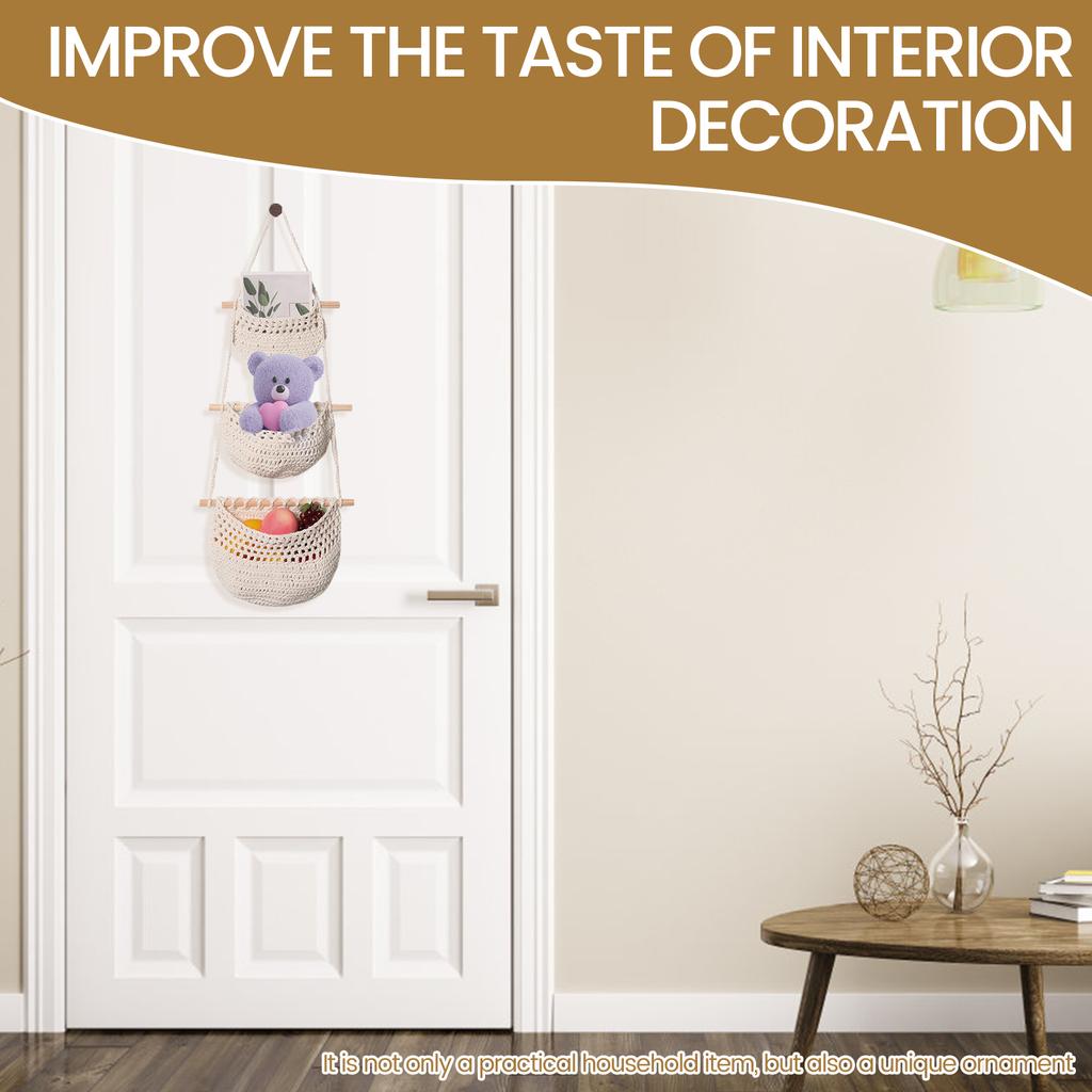 Cotton Linen Wall Hanging Fruit Basket 3 Layer Over the Door Organizer Classified Storage Hanging Storage Bag for Household