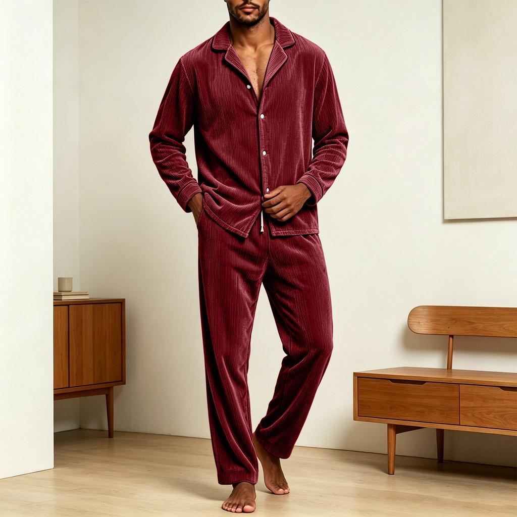 Men's Casual Loose Fit Corduroy Pajama Set with Button-Front Long Sleeve Top and Pants