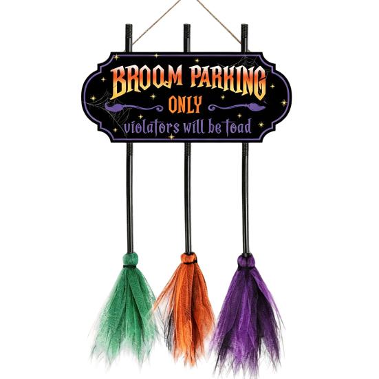 Hanging Broomstick Holiday Ornaments Halloween Broom Parking Sign with 3 Witch Brooms, Hocus Pocus Themed Wooden Sign, Yard And Porch