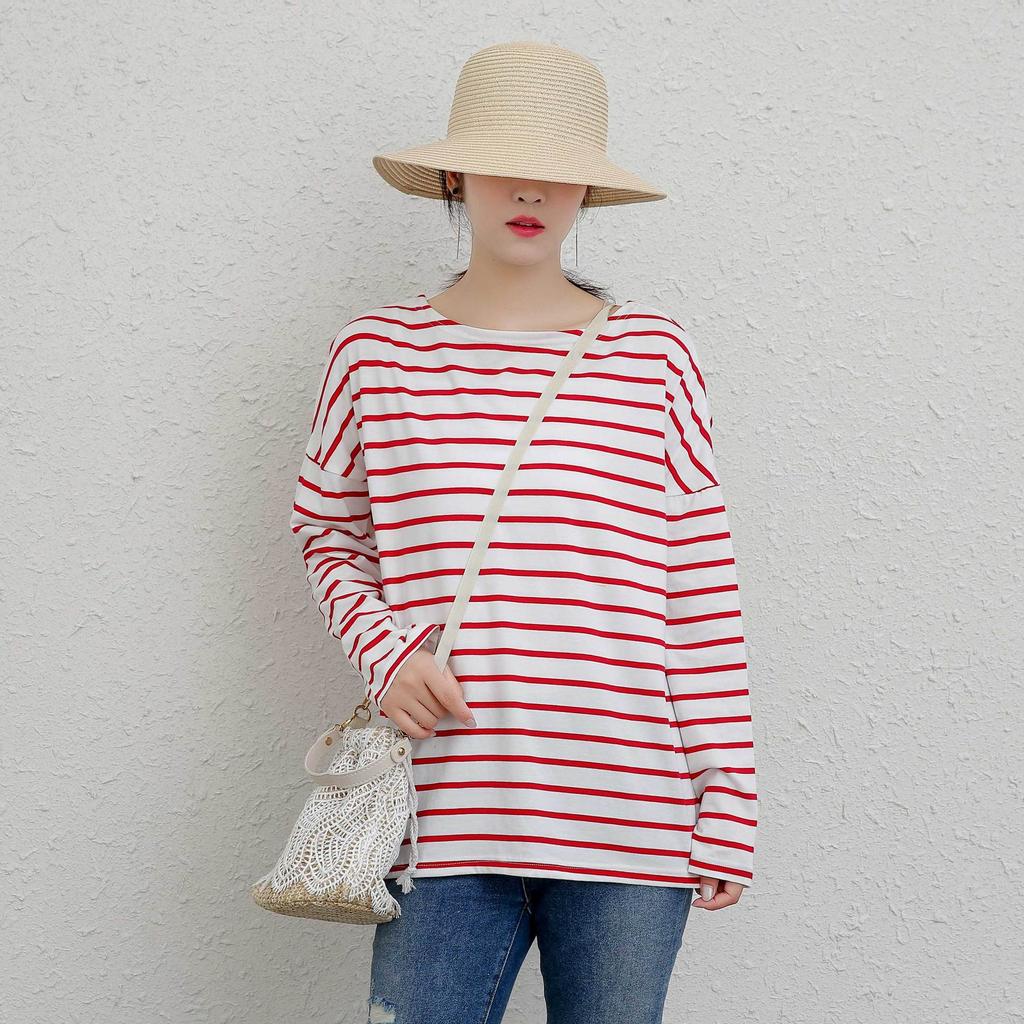 Johnature Striped Casual T Shirts Women Autumn Simple All Match Loose Full Sleeve Loose Tops