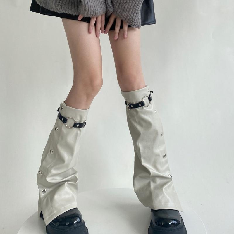 Women Punk Buckle Leather Leg Warmers Harajuku Grunge Leg Socks Side Buttons Wide Baggy Boot Covers Gaiters Streetwear