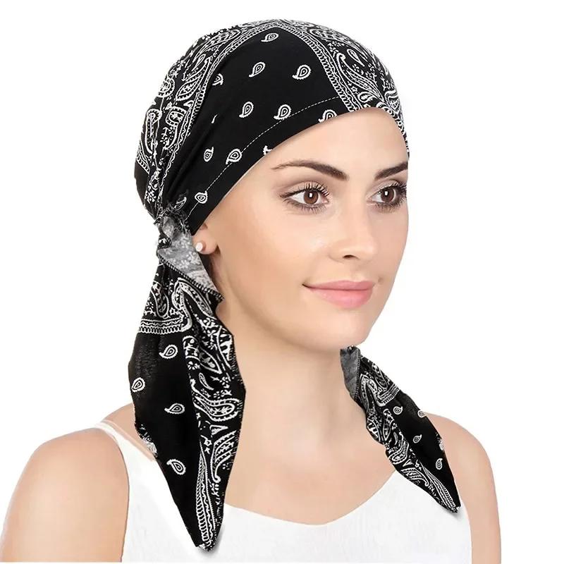 New Muslim Women Soft Turban Hat Headbands Pre-Tied Head Scarf Printed Ladiess Cotton Chemo Cap Inner Hijabs Hair Accessories