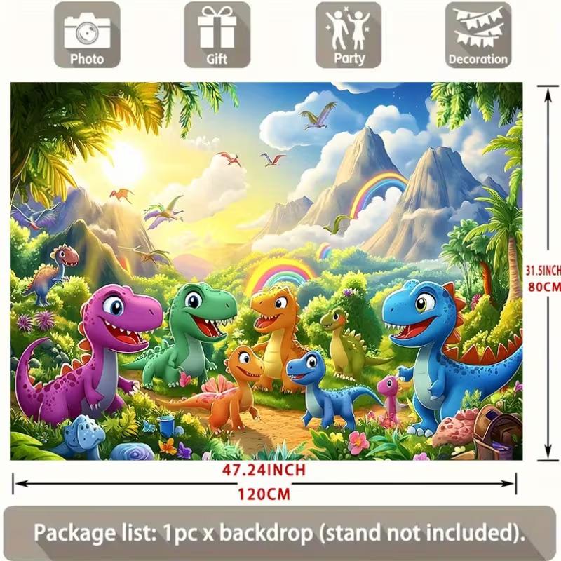 Lebendige Dinosaurierwelt Kulisse Kinder Dschungellandschaft mit Regenbogen Fotokabine Hintergrund Banner für Party Dekoration