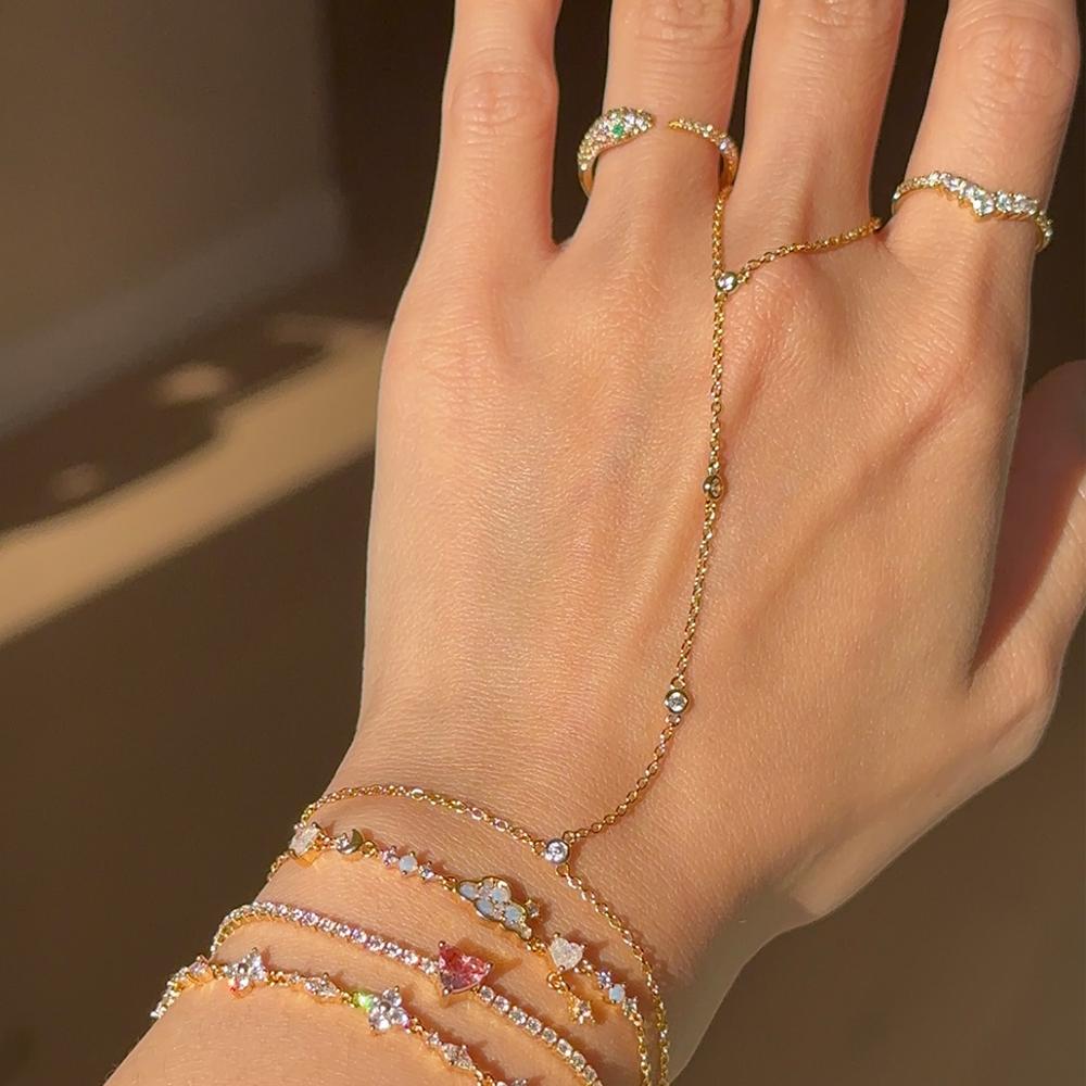 Gold Plated Stainless Steel Hand Chain Bracelet Zircon Link Slave Finger Ring Bracelet Fashion Jewelry for Women