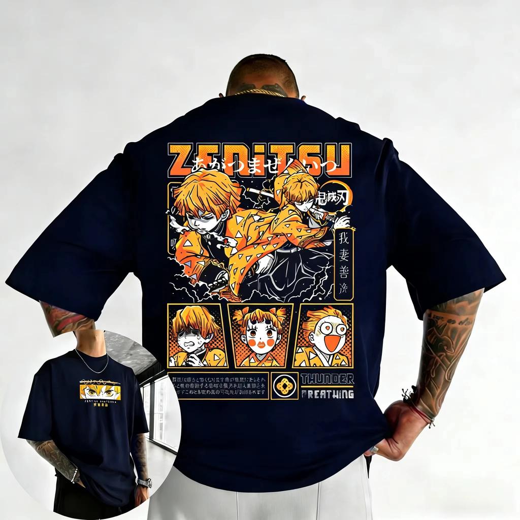 Demon Slayer Zenitsu Agatsuma Thunder Breathing Manga Dual-Sided Oversized T-Shirt Japanese Anime Harajuku Streetwear Unisex Casual White T-shirt