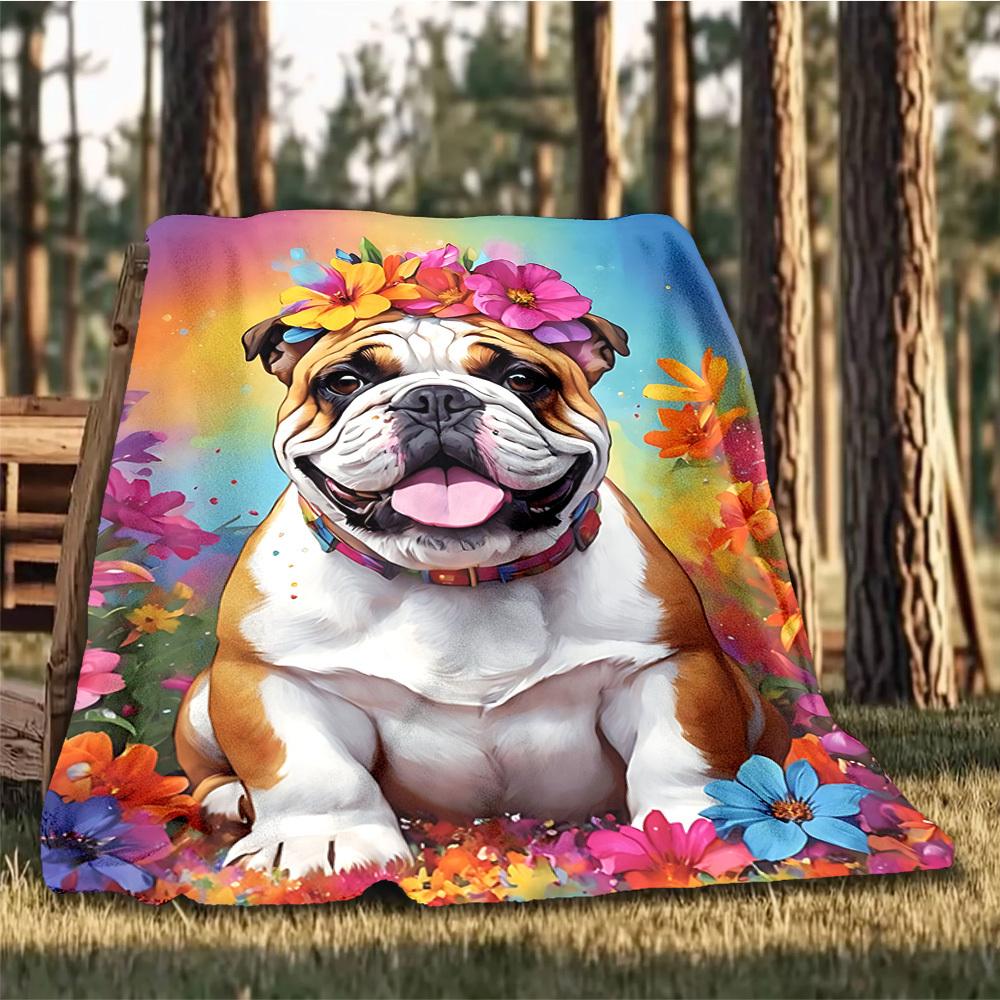 1pc Bulldog Floral Crown Outdoor Soft Polyester Flannel Throw Blanket Versatile for All Seasons , Soft , Cozy , Warm All Season Quilted Throw ,