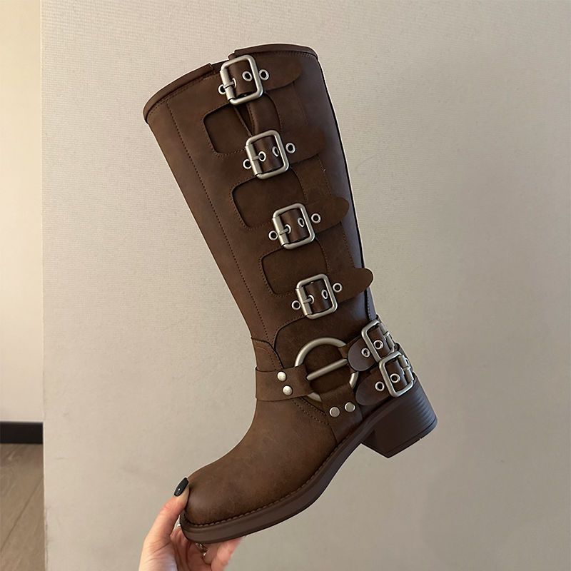 

Коричневые высокие сапоги 2025 осень новый квадратный носок рукав сапоги-локомотивы ретро абсолютный ребенок западные ковбойские сапоги трендовая девушка 40