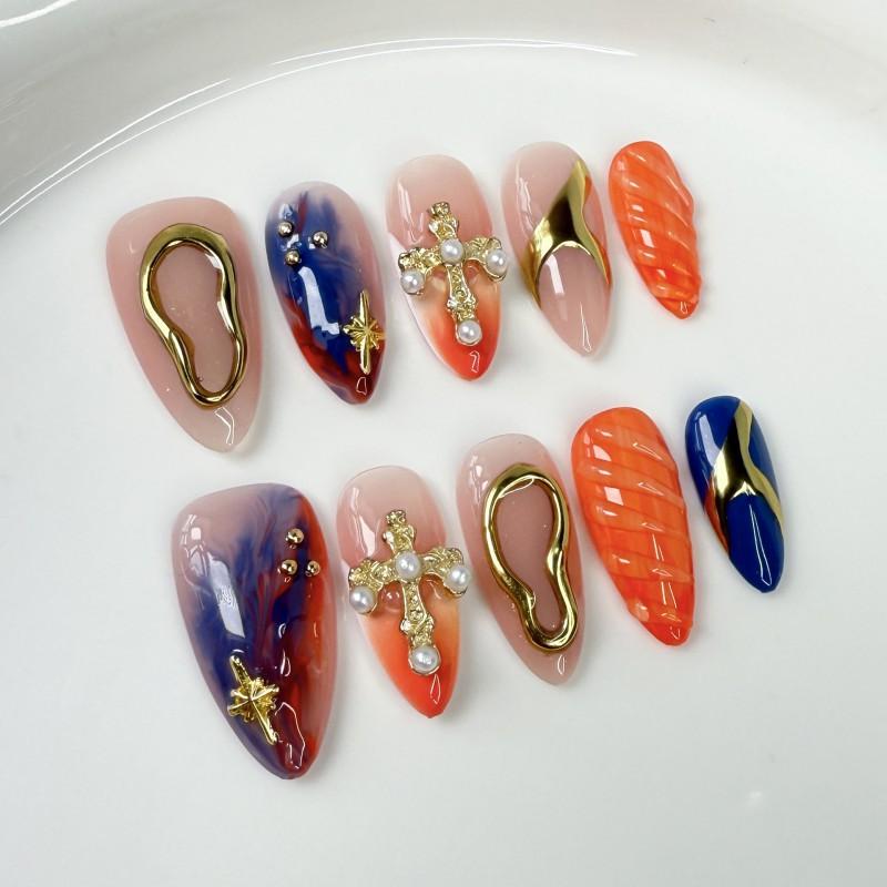 Almond Shape Press-On Nails With 3D Embossed Design Gradient Ombre Metallic Finish Handmade False