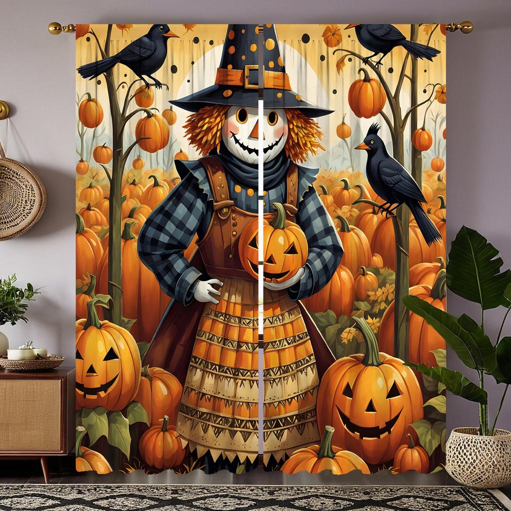 2er-Set HD Halloween Kürbisfeld Vogelscheuche Dekorative Vorhänge Gelbe Krawatte Digital bedruckte Vorhänge Heimdekorationsstil Dez