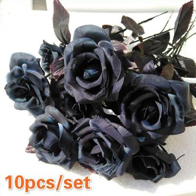 10 unidades / conjunto buquê de rosas artificiais pretas, simulação de casa de Halloween, rosa preta, flor falsa, par de casamento