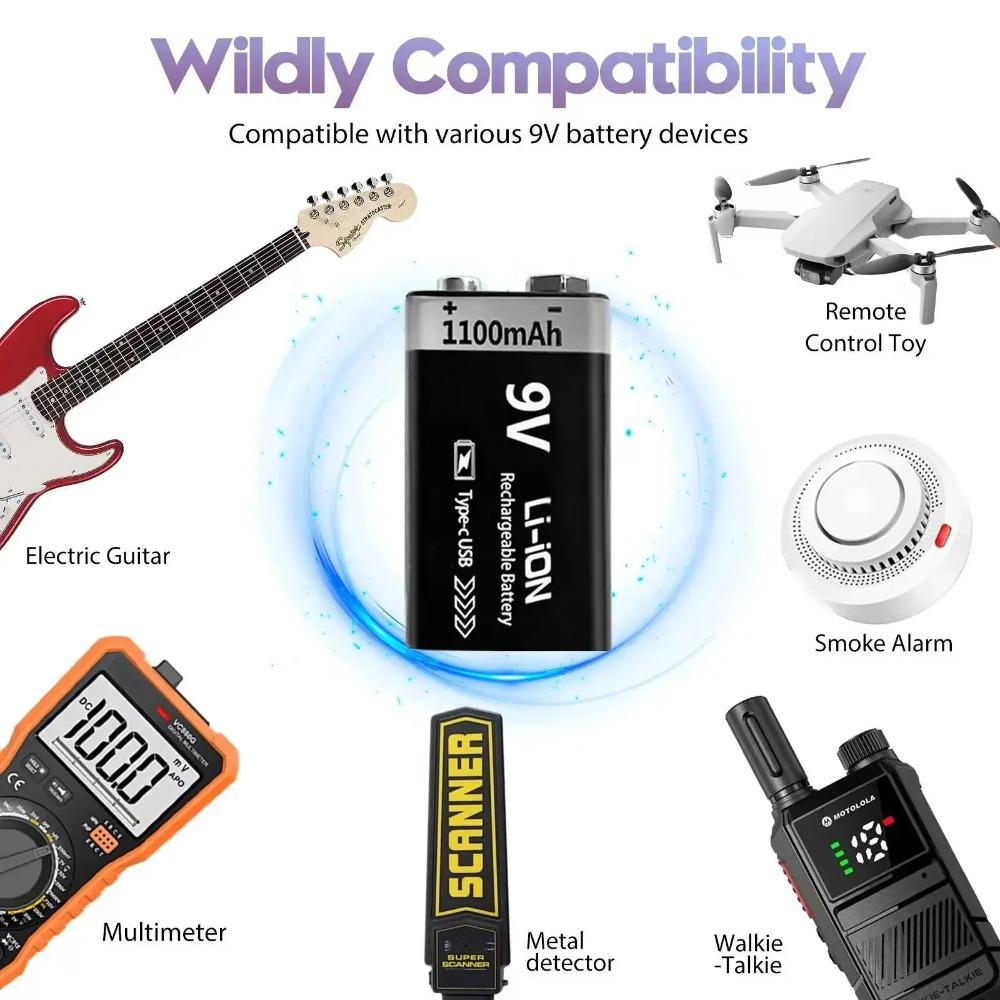 9V Battery Rechargeable 1100mAh USB Type-C 6F22 9V Li-ion Battery for Multimeter, RC Toys, Guitar Pedal, Microphone